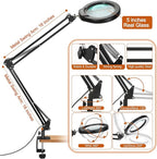 VEEMAGNI 10X 5 Inch Large Real Glass Magnifying Glass with Light and Stand, 5 Color Modes Stepless Dimmable, 2*16 Inch Swivel Arm LED Clamp Desk Lamp, Hands Free Lighted Magnifier for Close Work Craft