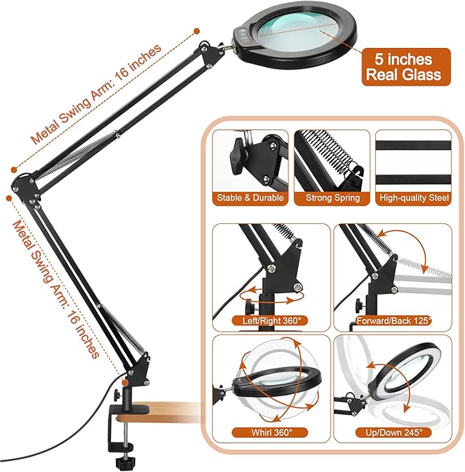 VEEMAGNI 10X 5 Inch Large Real Glass Magnifying Glass with Light and Stand, 5 Color Modes Stepless Dimmable, 2*16 Inch Swivel Arm LED Clamp Desk Lamp, Hands Free Lighted Magnifier for Close Work Craft