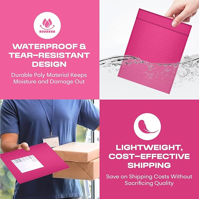 Hot Pink Large Poly Bubble Mailers 9.5x14.5 inch #4 | Self Seal Padded Envelopes Cushioned Bubble Mailer | Usable Size 9.5x13.5 | WaterProof | Lightweight mailing Shipping Bags | 100 Pack Bulk