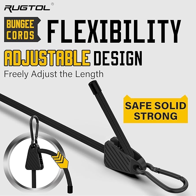 Bungee Cords with Hooks, 96 inch Adjustable Bungee Cords with Carabiner Hooks, Easy to Adjust from 7 to 96 inch Black Elastic Bungee Straps with Clips Heavy Duty for Bike, Cargo, Tarps, 6 Pack