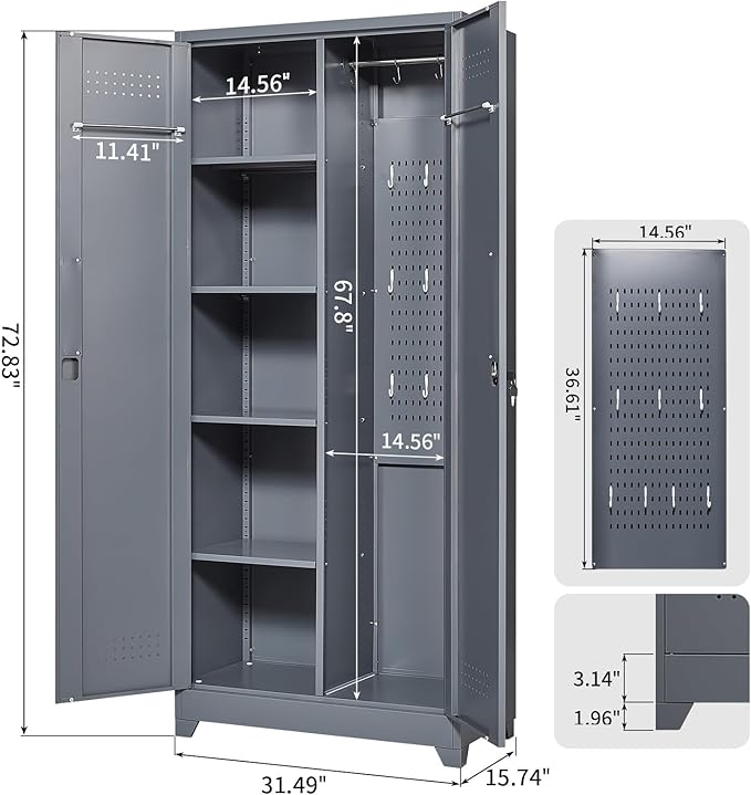FLEXIMOUNTS 73'' Tall Metal Storage Cabinet with Locking Door, Large Cleaning Tool Organizer for Brooms, Garage, Laundry Room, Bathroom, Dark Grey