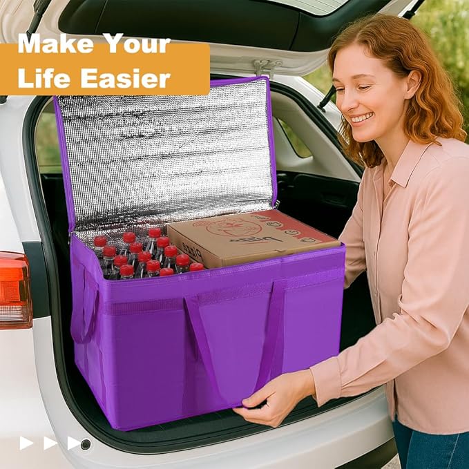 XXXL Insulated Food Delivery Bag - Reusable Thermal Cooler Grocery Bags for Catering & Delivery, Pizza Carrier for Events, Large Capacity Bag Keeps Food Hot/Cold for Shopping, Commercial (Purple, 1PK)