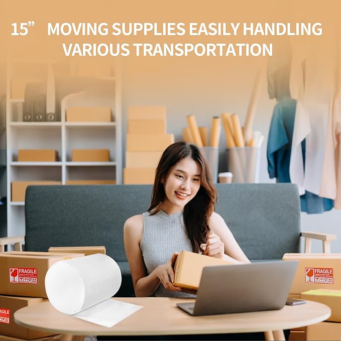 XYH Packing Foam Rolls, 15 "Wide X 80' Length Packing Foam Moving, Shipping, Glasses, China, Dishes, Stuffing of Carton, with 60 Pcs Fragile Stickers.