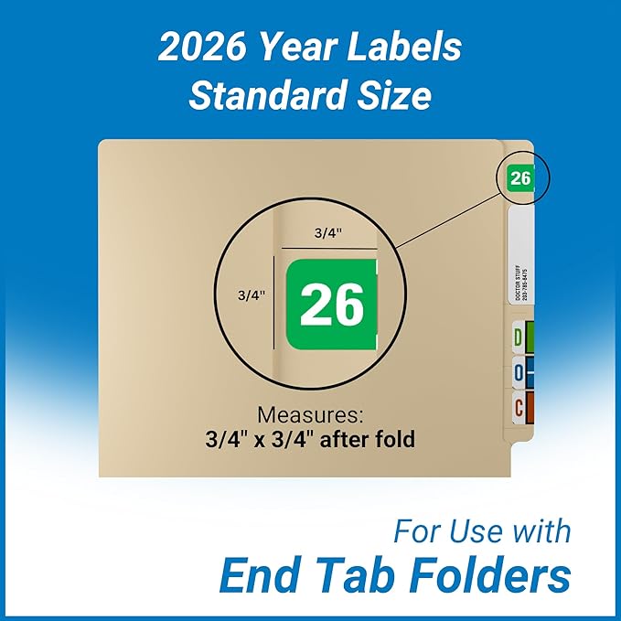 2026 Year Labels, Doctor Stuff 2026 Chart Stickers, Green Color Coded, Medical Arts Press Style, USA Made Year Labels for End Tab File Folders, 500/Roll, 1 Roll, 3/4" x 1-1/2"