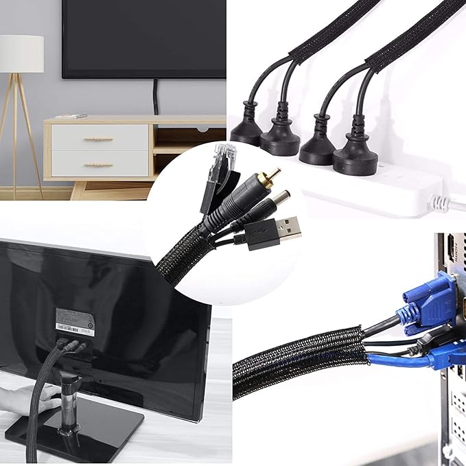 1/4 Inch-25ft Cable Management Sleeve - Flexible Wire Organizer System with Zipper for Home Office TV Computer, Durable Cord Cover Protector, Black