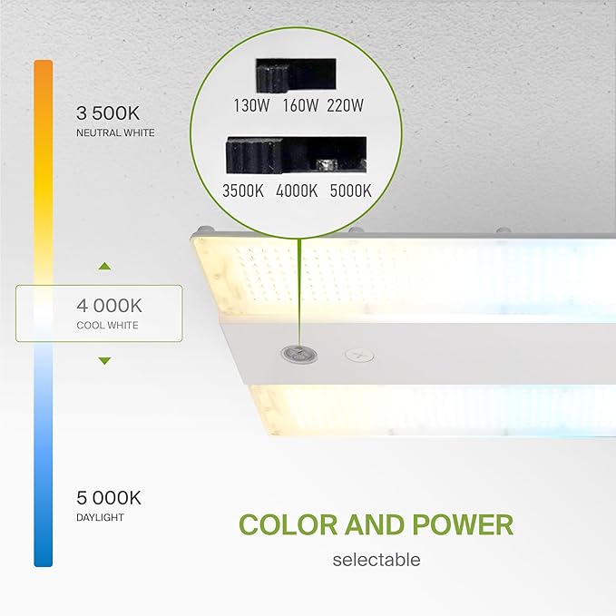 ASD LED Linear High Bay Light Fixture, Commercial Shop Lighting | 3CCT, Dimmable, Power Adjustable, DLC Premium, UL Listed | 220W 34000LM 3500-5000K 200-480V | Warehouse, Garage, Workshop Lamp | White