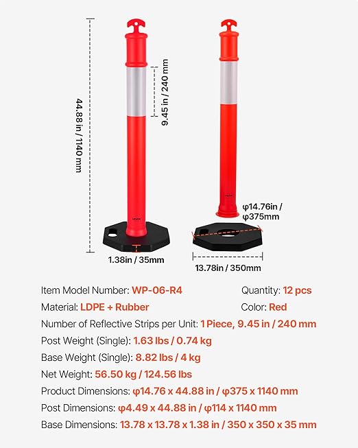 VEVOR 12 Pack Traffic Delineator Posts, 48 inches Traffic Safety Cones with Weighted Base and Reflective Strips, Heavy Duty Delineator Posts for Construction Site, Parking Lot, Crowd Control, Red
