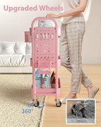 ALVOROG 3 Tier Rolling Cart with DIY Pegboards Metal Utility Cart with Wheels Handles Baskets Hooks, Craft Cart for Office Kitchen Bathroom(Cherry Blossom Pink)