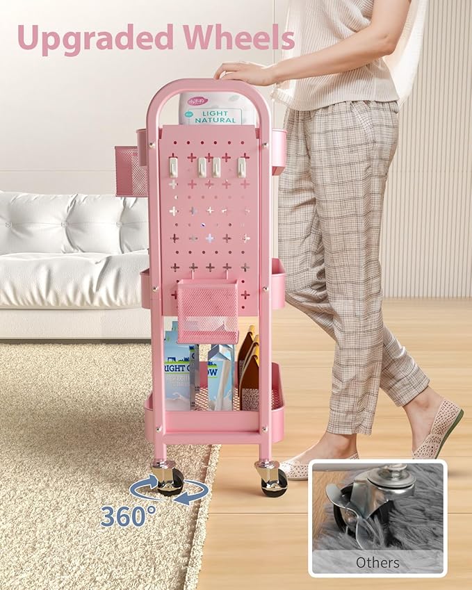 ALVOROG 3 Tier Rolling Cart with DIY Pegboards Metal Utility Cart with Wheels Handles Baskets Hooks, Craft Cart for Office Kitchen Bathroom(Cherry Blossom Pink)