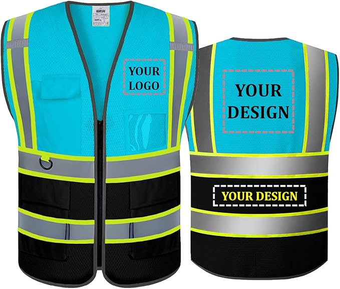 BeautyWill Custom Safety Vest Customized Logo Mesh Vest Class2 High Visibility Reflective Vest with Pockets Workwear（LightBlue Black，XL ）