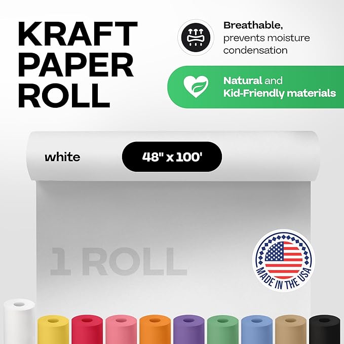White Paper Roll 48" x 1200" (100 feet) - USA-Made Kraft Paper 50lb Thickness - 100% Recyclable Natural Craft Wrapping Material for Packing, Moving, Shipping & Crafts/Arts by IDL Packaging