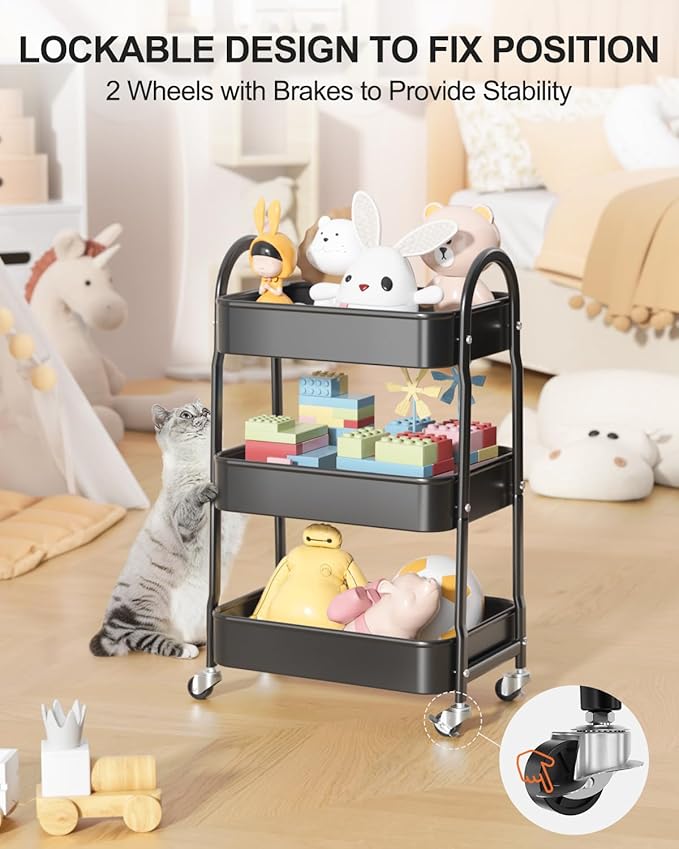EAGMAK 3 Tier Rolling Cart Under Desk, Metal Storage Cart with Handle and Lockable Wheels, Multifunctional Storage Organizer Trolley with Mesh Baskets for Kitchen, Living Room, Office, Garage (Black)