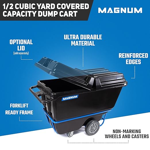 Tilt Truck, 1/2 Cu. Yd. Capacity Dump Cart with Non-Marking 12” Wheels & 5” Casters & Forklift-able Frame for Jobsites, 850 lbs, Trash Cart with Wheels DUC12T-F-NM-03PK (3-Pack)