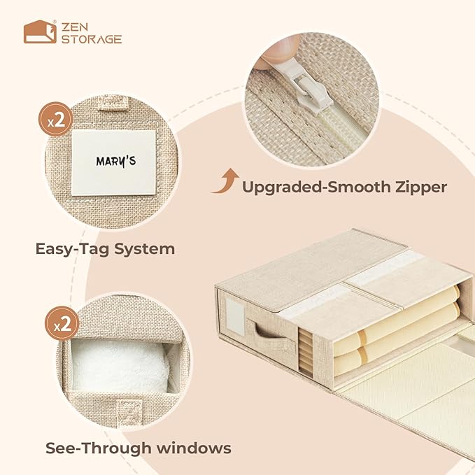 4 Pack Sheet Storage Organizer (King & Queen Size) with handle, Foldable Sheet Set Organizer for Linen Closet, Sheet Organizer for Blanket, Coverlet and Towel, Beige
