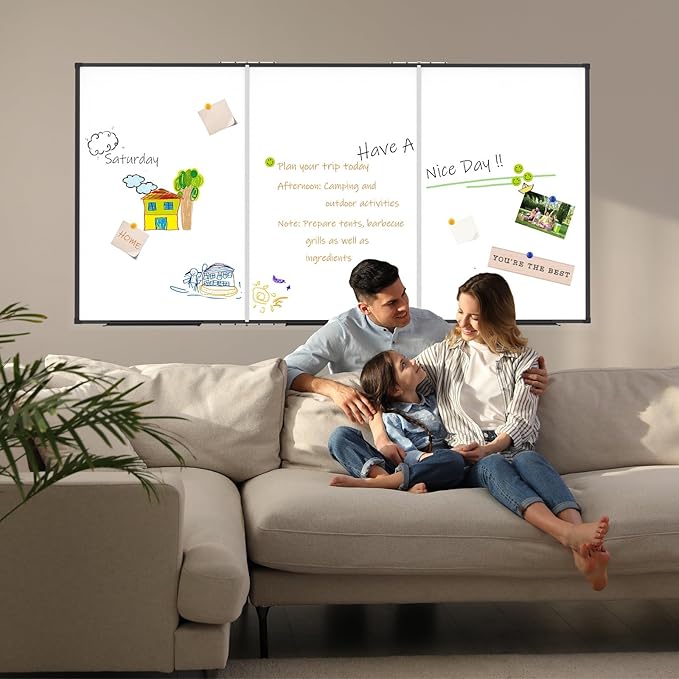 Large White Board for Wall,Magnetic Dry Erase Whiteboard,Foldable 72x48 Inches,Black Aluminum Frame, with 3PCS Detachable Marker Trays for Office and Home