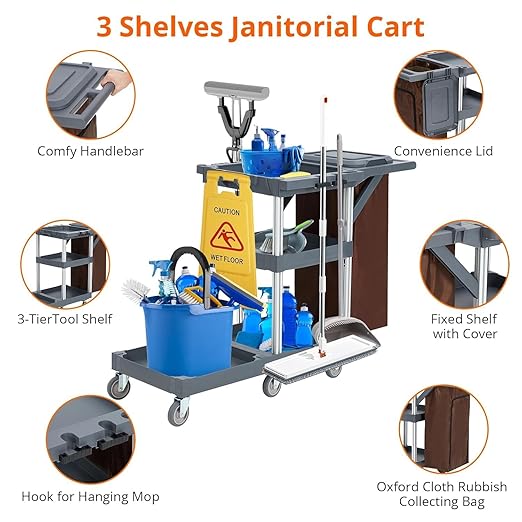 Commercial Traditional Janitorial Cleaning Cart on Wheels with Cover and Vinyl Bag, Housekeeping Carts for Hotels, Stores, Schools, and Business, Gray