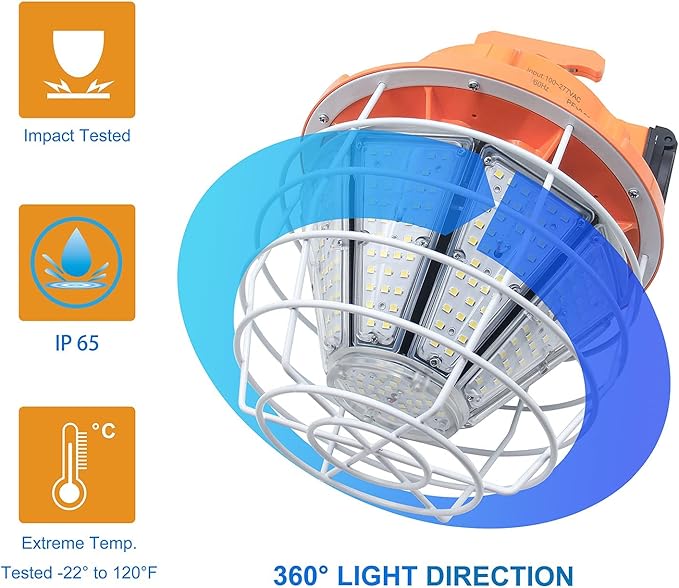 NS 150W High Bay Outdoor Temporary LED Work Light 24250Lm 5000K Daylight White with Stainless Steel Guard and Hook Portable Hanging Lighting for Construction Job Site