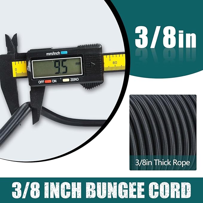 Strong and Durable Bungee Cord - 3/8" x 50ft Elastic Cord, Kayak Stretch String Rope, Bungee Shock Cords for Repairing Tent Poles, DIY, Tie Downs, Black