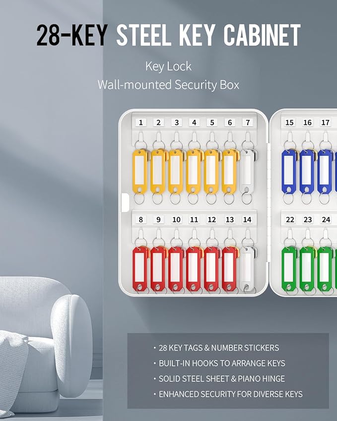 Uniclife 28 Position Key Cabinet with Key Lock Wall Mounted White Security Storage Box Steel Key Organizer with Colorful Key Tag Labels Stickers and Hooks