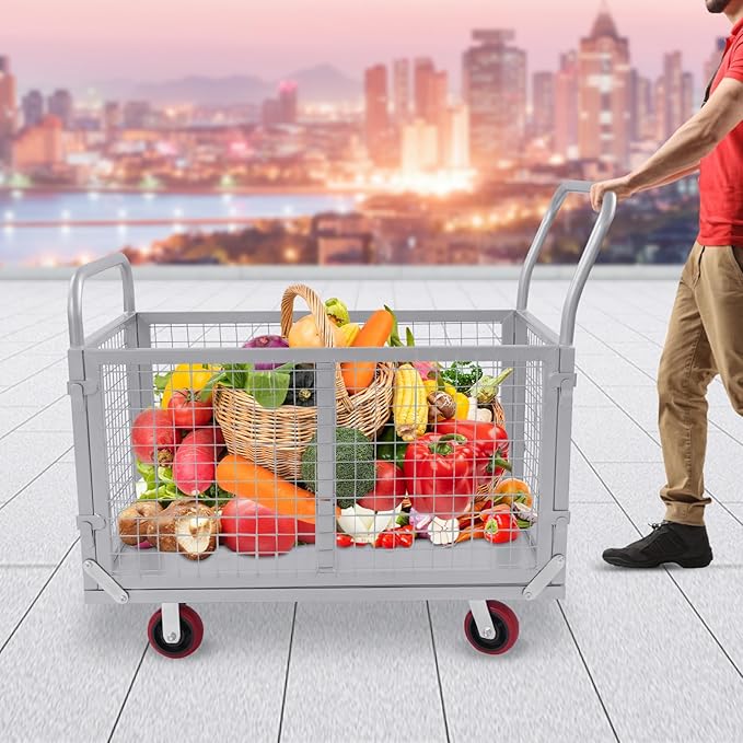 Large Platform Truck Cart, 440LBS Heavy Duty Push Cart Dolly with Cage, 39 x 24in Steel Flatbed Carts Flat Dollys Hand Trucks for Groceries, Garage, Warehouse, Equipment