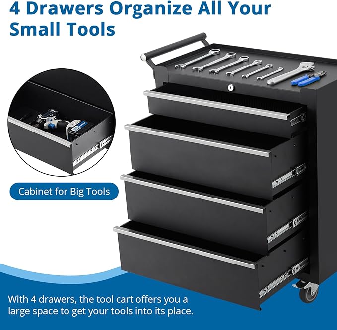 Heavy-Duty 4-Drawer Rolling Tool Chest with Locking System, Portable Tool Storage Cabinet with Wheels & Drawer Liners, Steel Tool Organizer Cart for Garage Workshop Tools, Black Finish