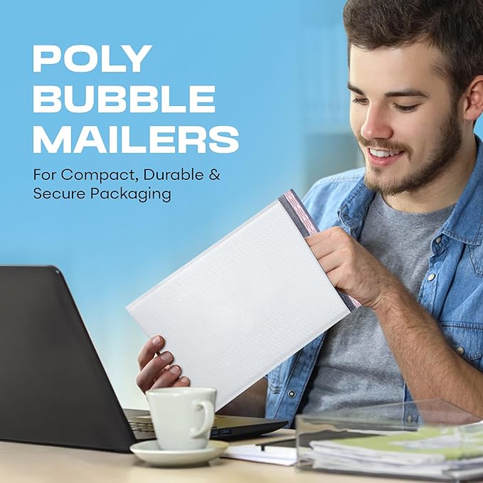 White Poly Bubble Mailers 7.25x12 inch #1 | Self Seal Padded Envelopes | Cushioned Bubble Mailer | Usable Size 7.25x11 | WaterProof | Lightweight mailing Shipping Bags | 100 Pack Bulk | Made in USA