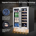 Tylza Wine and Beverage Refrigerator, 24 Inch Dual Zone Wine Fridge, Holds 20 Bottles and 88 Cans, French Doors, Lock, Under-counter or Freestanding Wine Cooler, Beverage Fridge with Tempered Glass