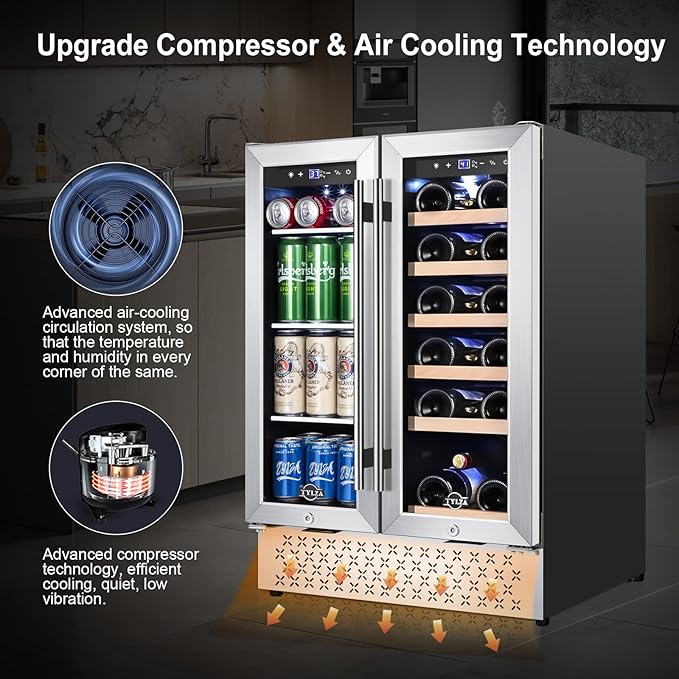 Tylza Wine and Beverage Refrigerator, 24 Inch Dual Zone Wine Fridge, Holds 20 Bottles and 88 Cans, French Doors, Lock, Under-counter or Freestanding Wine Cooler, Beverage Fridge with Tempered Glass