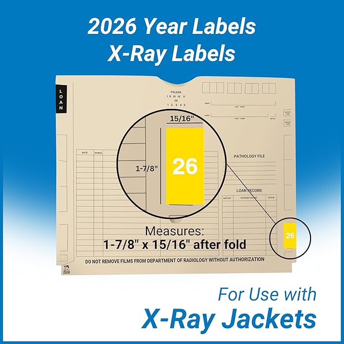 2026 Year Stickers, Doctor Stuff 2026 Chart Stickers, Yellow Color Coded, Ames Large Style, USA Made Year Labels for X Ray Jackets, 500/Roll, 1 Roll, 1-7/8" x 1-7/8"