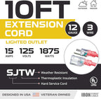 Iron Forge Cable 10 ft Lighted Outdoor Extension Cord - 12/3 SJTW Red 10 ft Extension Cord Heavy Duty with 3 Prong 15 AMP Grounded Plug for Safety