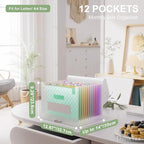 ThinkTex Accordion File Organizer, 12 - Pocket Expanding File Folders for Paper Receipts, Bills&Taxes Organizer, Letter/A4 Size Document Holder for School, Office, Home with Colorful tabs - Green