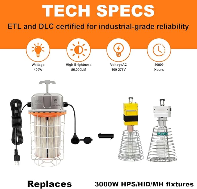400W Construction Light, 56000lm LED Temporary Work Light, 5000K Daylight White, IP65 Waterproof Dustproof, Portable Hanging Lighting for Jobsite Workshop High Bay and Damp Locations