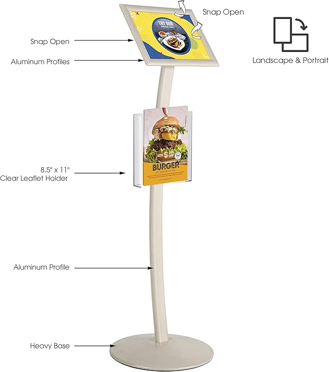 M&T Displays Curved Menu Board, 8.5x11 Inch Pedestal Sign Holder with 8.5x11 Inch Brochure Holder White Pearlic Floor Standing Aluminum Front Loading Easy Open Poster Message Advertisement Post