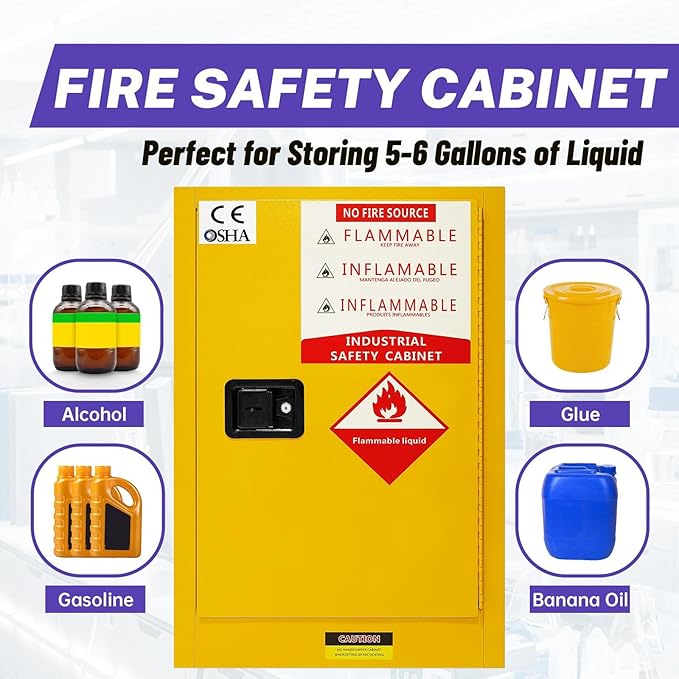 36 Gallon Yellow Flammable Storage Cabinet, Fireproof Steel Chemical Storage Locker with Adjustable Shelves, for Flammable Liquids, Industrial Use, Free Returns!