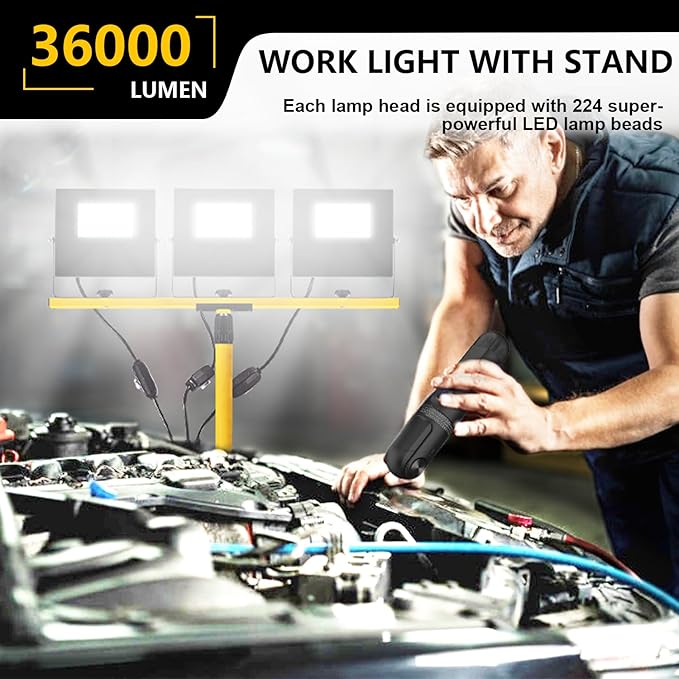 36000 Lumen Work Lights with Stand, 3 Adjustable Head LED Work Light with Adjustable and Foldable Tripod Stand, IP67 Waterproof Lamp Individual Switch with 16FT Cord for Outdoor Construction Lighting