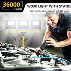 36000 Lumen Work Lights with Stand, 3 Adjustable Head LED Work Light with Adjustable and Foldable Tripod Stand, IP67 Waterproof Lamp Individual Switch with 16FT Cord for Outdoor Construction Lighting