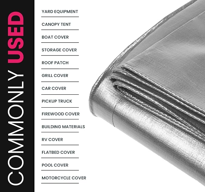 PROTARP Extreme Heavy Duty 22 Mil Tarp Cover, Waterproof, UV Resistant, Rip and Tear Proof, Poly Tarpaulin with Reinforced Edges for Roof, Camping, Patio, Pool, Boat. (Silver/Black 12′ X 25′)