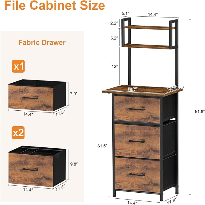 Snughome 3 Drawer Tall File Cabinet with 19.7'' Extended Desktop, 3-Tier Filing Cabinet for Home Office 51.6''H Vertical File Cabinet Printer Stand for Home Office,Fits A4/Letter/Legal,Rustic Brown