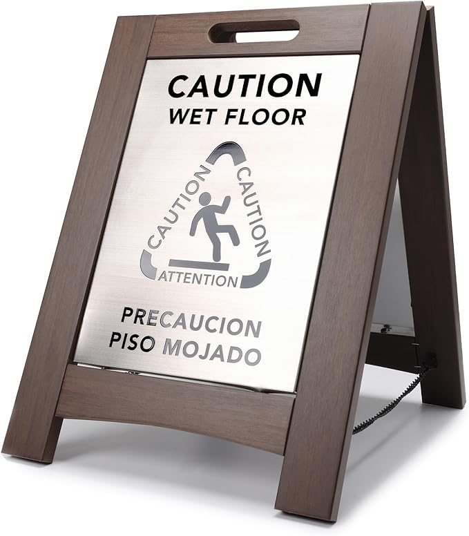 Premium Outdoor Composite Caution Wet Floor Sign – Bilingual w/Non-Skid Plastic Feet, Black Plate – For Hotels, Schools, Offices, Areas, Restrooms, Pool Decks & Shops, Brown