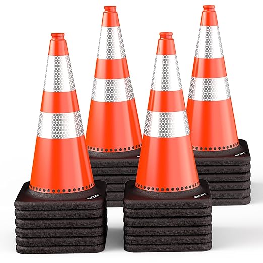 (24 Pack) BATTIFE Traffic Cones 28 Inch with Black Weighted Base, PVC Orange Cone for Traffic Control, Construction Events, Driveway Road Parking Lot