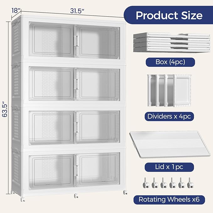 200GAL Storage Bins with Lid and Wheels, Stackable Closet Organizers and Storage Drawer, Collapsible Storages Box with Dividers, Foldable Plastic Cabinets for Room, Kitchen, 4 Pack White