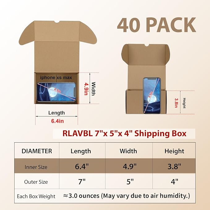 RLAVBL 7x5x4 Small Shipping Boxes Set of 40, Brown Corrugated Cardboard Mailer Box for Packing, Mailing, Business