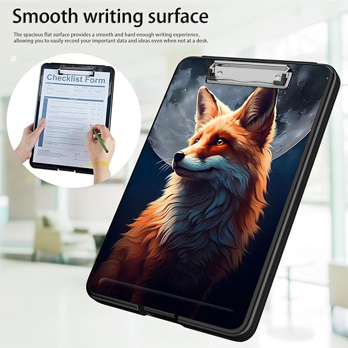 Clipboard with Storage,Office Supplies Nursing Clipboards Folder with Pen Holder Plastic Foldable Clip Board with Storage for Nurse Teacher,Fox and Moon