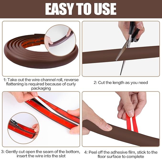Floor Cord Cover Self Adhesive Cord Hider,10FT Cable Management, Extension Strip Protector for Wires, Prevent Cable Trips for Offices, Gyms, Exhibitions Cavity:0.51"(W) x 0.3"(H) Coffee