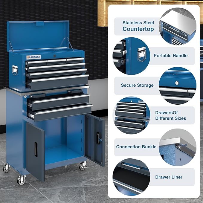 LARBANKE Tool Chest Combination with 3 Different Types,Rolling Tool Chest with Stainless Countertop,360°Wheels and Foot Pads,Tool Cabinet with Connection Buckle,Can Connect Together