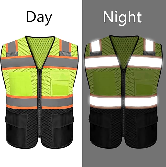 Safety Vest Customize Logo with 5 Pockets & Zipper Reflective High Visibility Vest Class 2 Outdoor Workwear