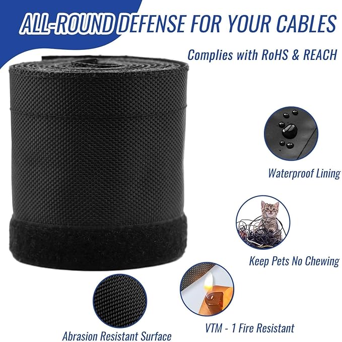 3/4" - 6.6FT Hook and Loop Cable Sleeve, Dog Cat Cord Protector Waterproof Split Sleeving for USB Computer Office Automotive Audio Cables - Protects Cables from Pets Chewing - Black