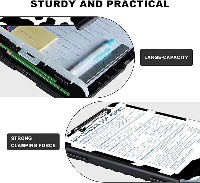 Clipboard with Storage,Storage Clipboard with Pen Holder,Heavy Duty Plastic Storage Clipboard with Low Profile Clip, Clipboard Folder, Teacher Must Haves, Office Supplies,Cute Cow