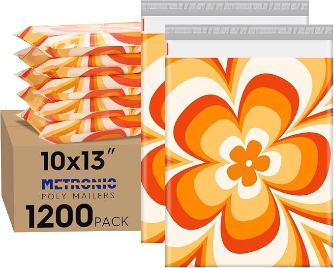 Metronic Poly Mailers 10x13" 1200pc Orange Flower, Small Shipping Bags for Clothes, Self Seal Shipping Envelopes for Small Business,Waterproof Mailers Poly Bags for Shipping,Packaging Mailing Bags