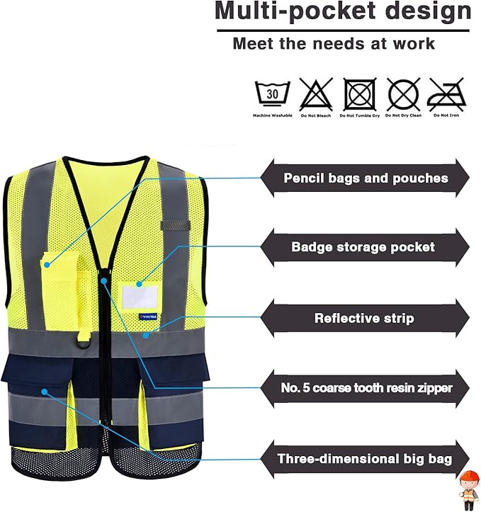 A-SAFETY Protective Reflective Safety Vest Workwear, 7 Pockets Hi Vis Durable Vest with Reflective Tapes, 4 Lower Pockets, Yellow&Navy, XL